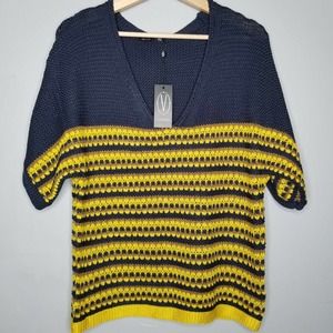 Vertigo Blue Yellow Open Knit Sweater Sleeve Large